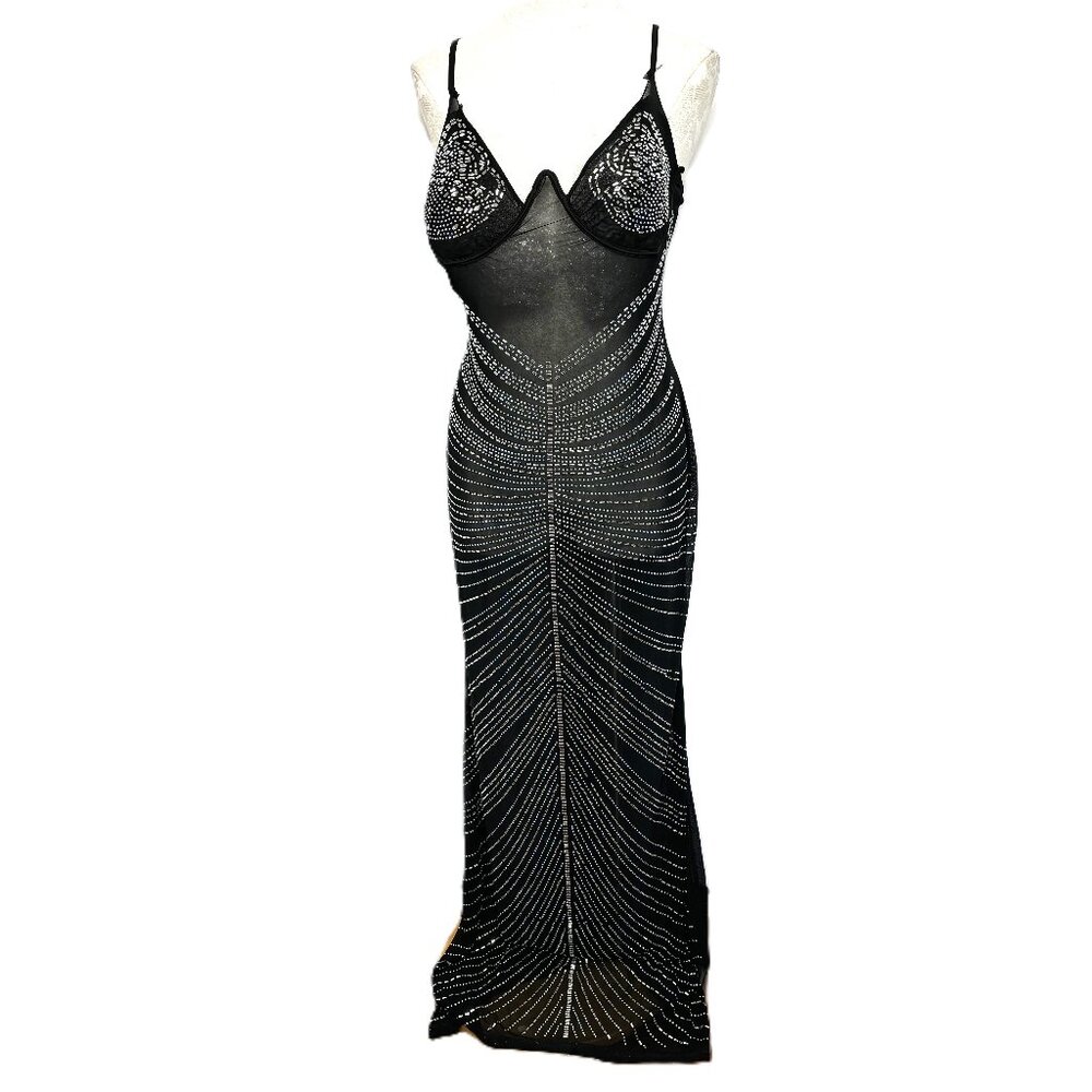 Sexy Sheer Slinky Body Hugging Drape Elegant Mesh Jeweled Maxi Evening Dress 2X